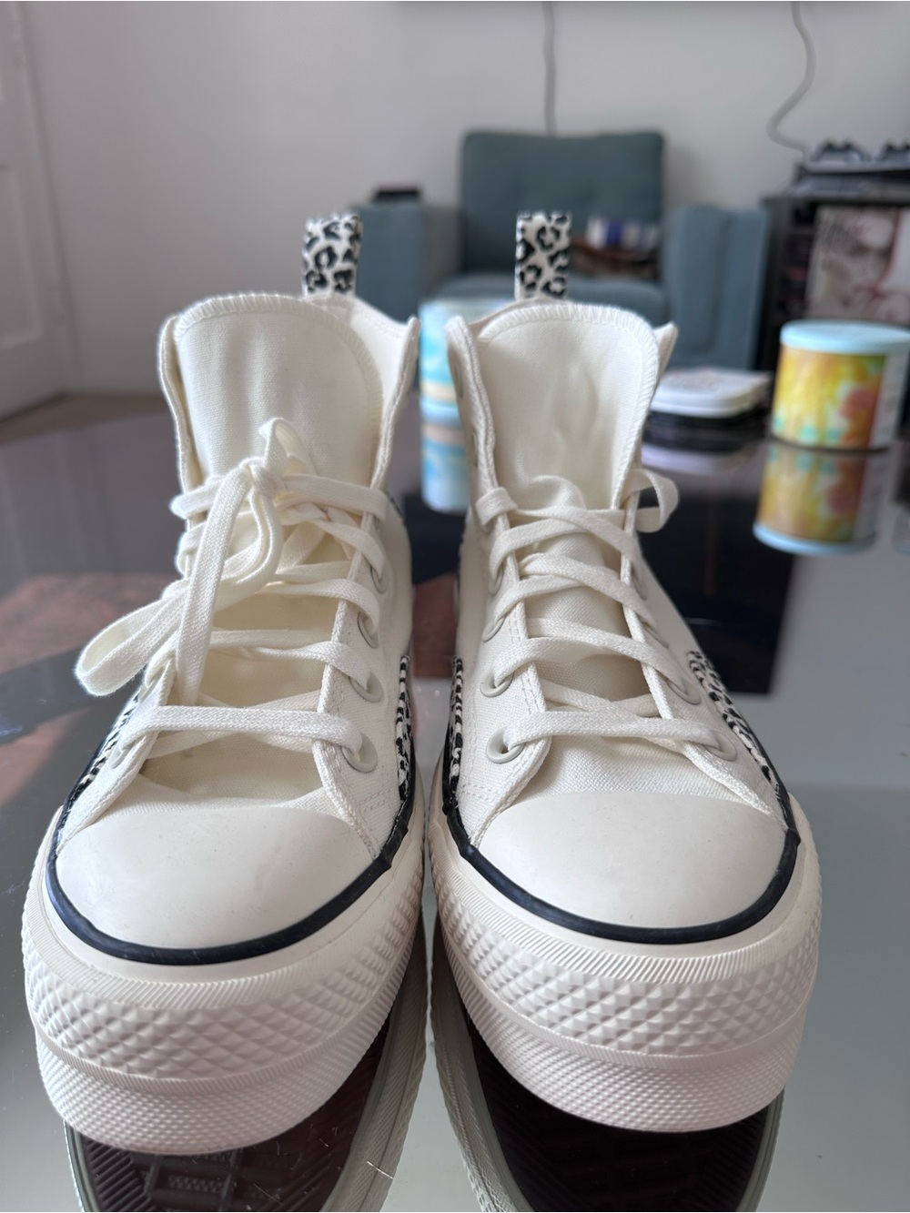 Converse Punk Rock Cream High-Top Platform Sneakers with Leopard Pull Tabs *New*
